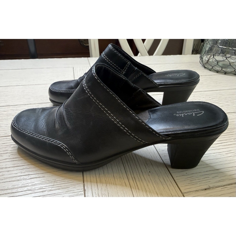 Clarks Bendable Black Leather Mules 3" Block Heel Contrast Stitch Boho 9.5 M
